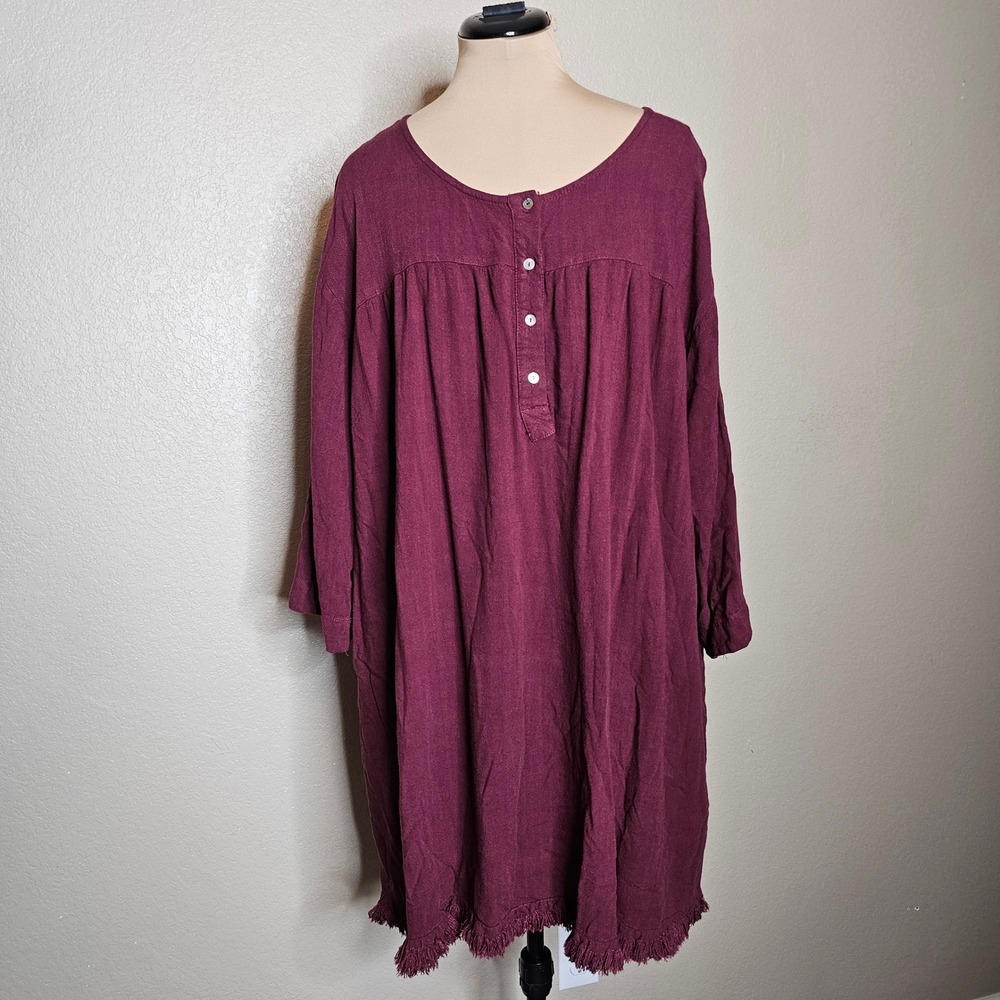 Umgee Burgundy Linen Cotton Henley Shift Dress Frayed Hem Pockets Large